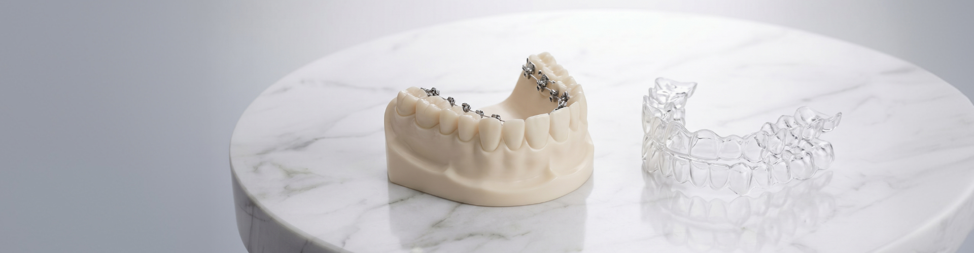 Dental model with lingual braces compared to clear Invisalign aligners on marble table.